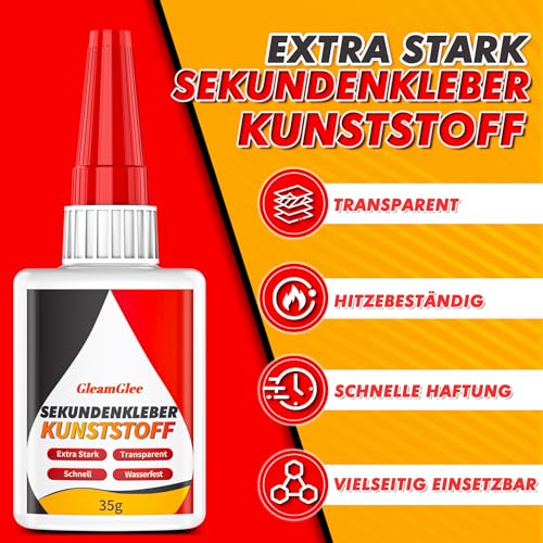 Kunststoffkleber 35g, Extra stark Spezialkleber Kunststoff, wasserfest, hitzebeständig & transparent Plastik Sekundenkleber für Kunststoff, Acrylglas, Modellbau