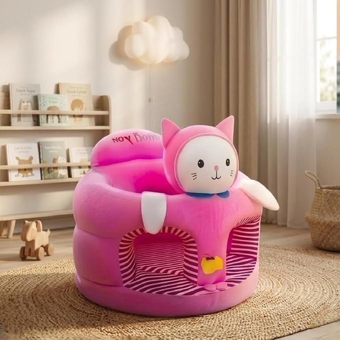 Plush Baby Support Seat & Floor Sofa | Soft Infant Sit-Up Chair with Back Support | Cute Cat Design Baby Sitting Trainer for Babies | Comfortable Cushion Seat (Pink)-image-4