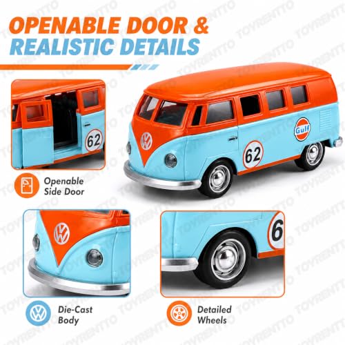 Image of VWT1 1:32 Scale Die-Cast Toy Bus with Pull Back Action, Lights and Music, Openable Side Door, Rolling Wheels, Retro Camper Van Collectible Model for Kids, Adults, Display, Play and Gifting