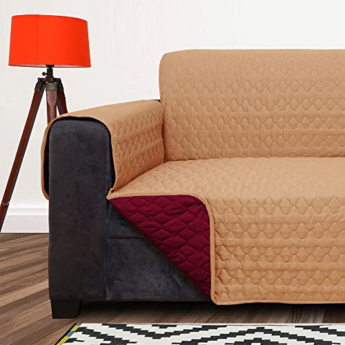 Image of DREAM KING 3 Layers Reversible Sofa Cover Polyester 4 Seater Quilted Sofa Cover with Side Pockets Beige & Maroon