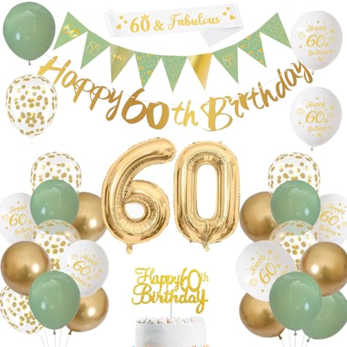 Sage Green Gold White 60th Birthday Banners Balloons Cake Topper Sash Bunting Flags Number Helium Balloons for Men & Womens 60th Party Decor