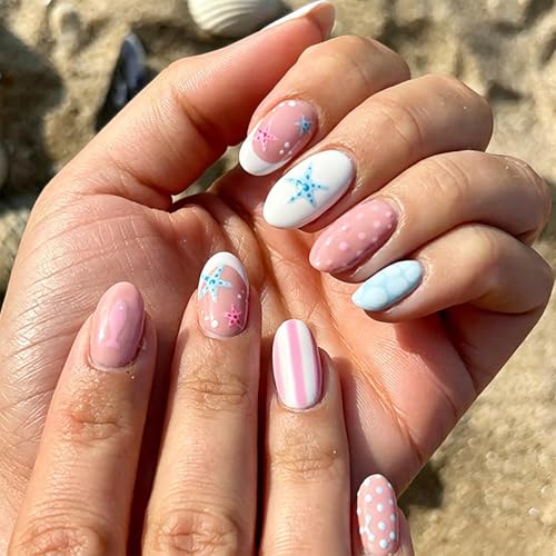 Summer Beach Press on Nails Short Oval - Cute French Tip with Starfish Polka Dot & Stripe Full Cover Glossy Fake Nails 24PCS for Women