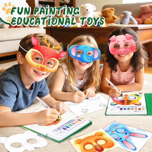 CHICAUP Paint with Water Coloring Books for Kids, 24 Pcs Paper Mache Masks, Jungle Zoo Animals Cartoon Masks, Mess Free Watercolor Painting Activity for Kids - image 6