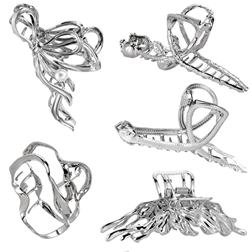 Large Hair Clips Silver Hair Clip Set Metal Hair Clips Women's Large Hair Claws Clips Hair Accessories for Women Girls (Pack of 5)