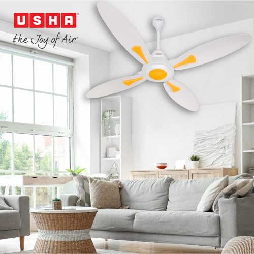 Image of USHA Bloom Series Dahlia 100% Copper Motor 4-Blade BLDC Ceiling Fan | Bi-Directional | Sleep /Boost /Timer Modes | RF Remote | Dust-Resistant | 3Y Motor & 2Y PCB Warranty (White & Saffron Yellow)