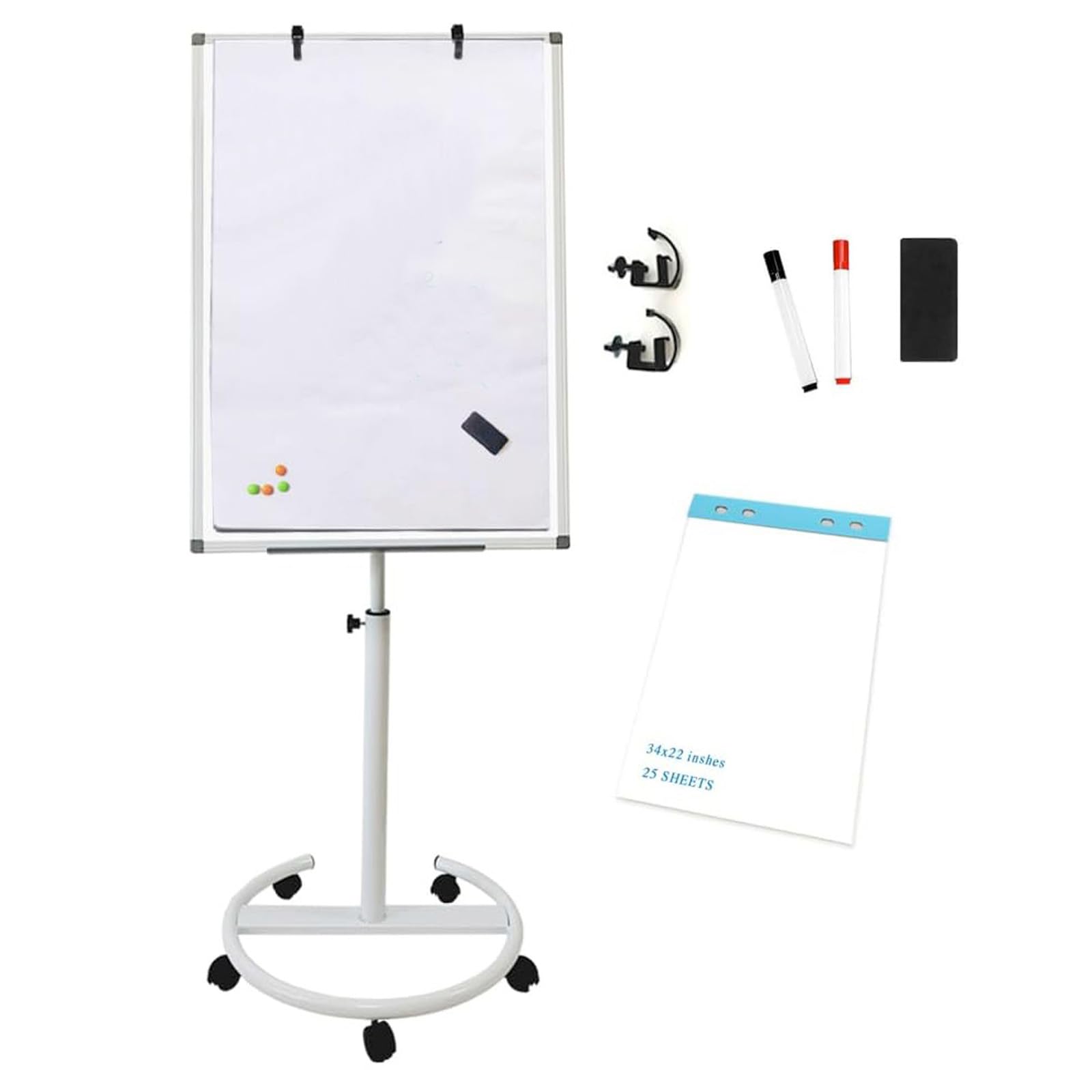 Mobile Dry Erase Board – 36x24 inches Height Adjustable Magnetic Portable Whiteboard Stand Easel White Board Flipchart Easel Board with 25 Sheets