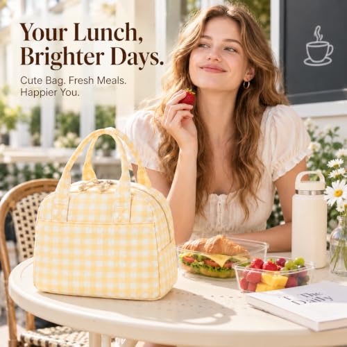 Image of LOVELYWIND Lunch Box for Women,Insulated Lunch Bag,Yellow Plaid Tote 9L