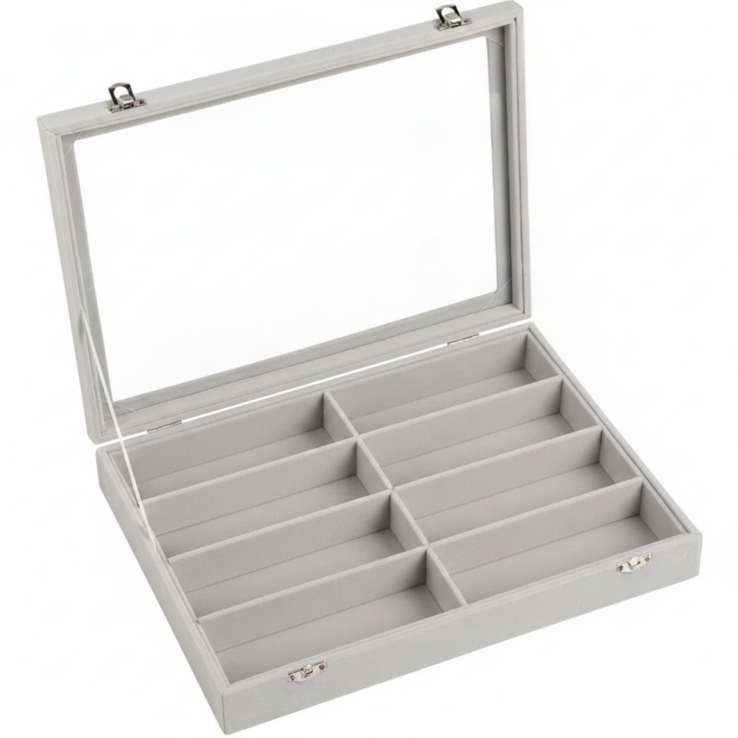 divided compartments 8 slot eyeglasses box metal latch glass lid glasses box rectangular tray velvet lined eyeglasses case slim design, gray, with lid