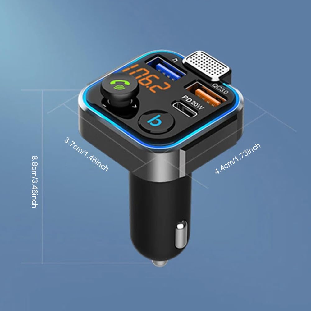 Transmisor FM para Coche 5.0 con Llamadas Manos Libres, Carga rápida PD 20W QC3.0, Reproductor de MP3