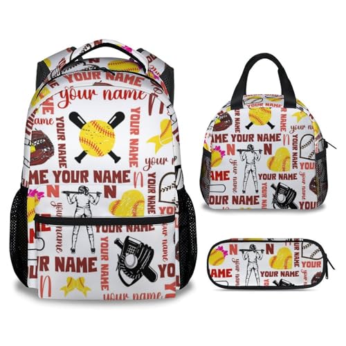 COZYAURA Personalized Backpacks for Girls - 3Pcs Sport Bookbag for Kids - Softball School Bag for Unisex - Kids Backpacks with Lunch Box Pencil Case Set