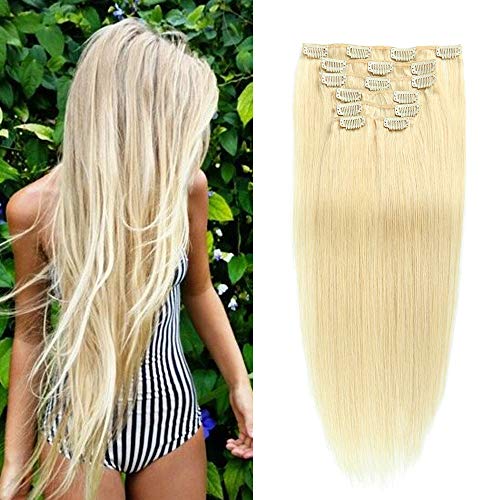 Clip in Extensions Human Hair With Bleach Blonde Hair Extensions 8 Pieces 100g 14inch Silky Straight Double Weft Thick Remy Hair Clip in Remi Human Hair Extensions