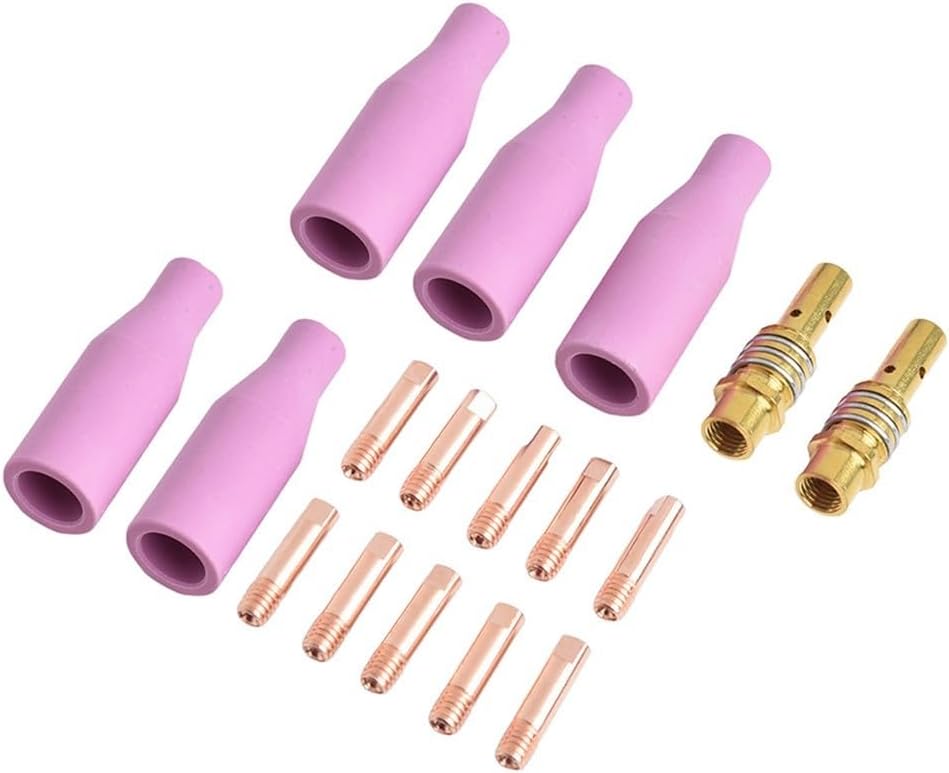 17PCS Welding Torch Nozzle Kit for MIG/MAG Welding, Compatible with AK15/MB15 Torches, Includes 5 Earthenware Nozzles, 2 Holders, 10 Contact Tips (0.8mm)