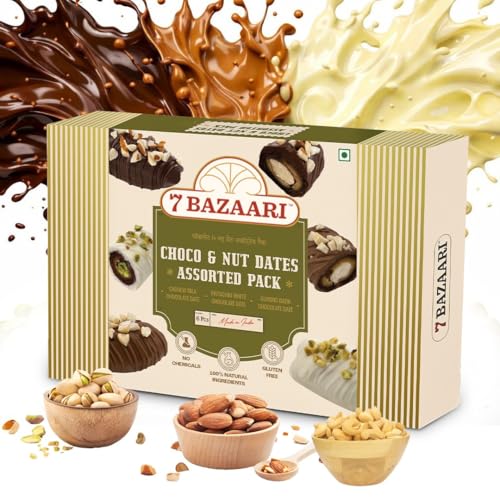 Image of 7 BAZAARI Premium Choco & Nut Dates - Gluten Free, Natural Ingredients - Assorted Almond Dark Chocolate, Cashew Milk Chocolate- 6pcs (Pack of 1)