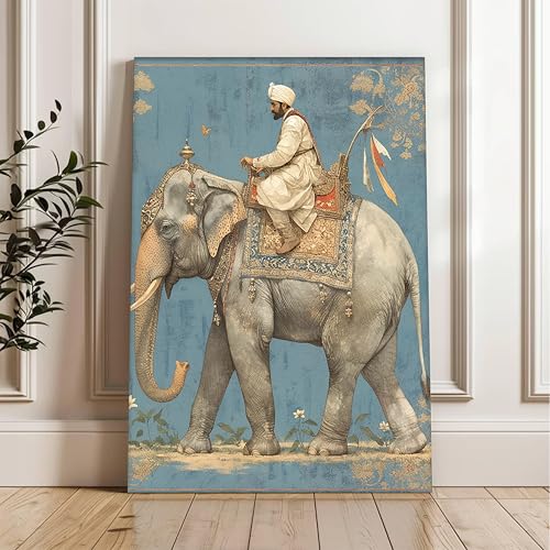 Image of PAINTINGMANTRA Digital Indian Art Man Riding Elephant Wall Decor Print Multicolor | Canvas Painting Stretched on Wood | Suits For Living Room, Bedroom, Hallways (12x16 Inch)