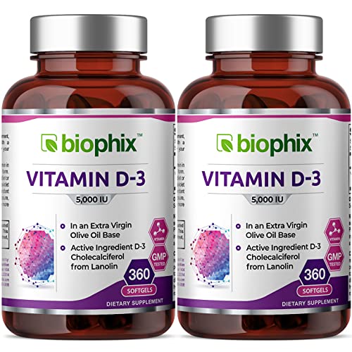 Vitamin D-3 5000 IU 360 Softgels Vitamin 2 Pack - High-Potency in Extra Virgin Olive Oil Non-GMO Soy-Free Supports Strong Bones Immune Health and K2