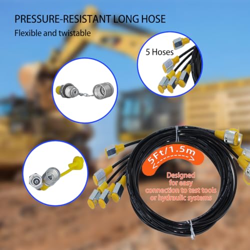 Image of Hydraulic Pressure Test Kit, 10 /100 /250 /400 /600bar, 150 /1500 /4000 /6000 /9000PSI, 5 Gauges 14 Test Couplings 14 Tee Connectors 5 Test Hoses, Hydraulic Gauge Kit with Sturdy Carrying Case for Excavator