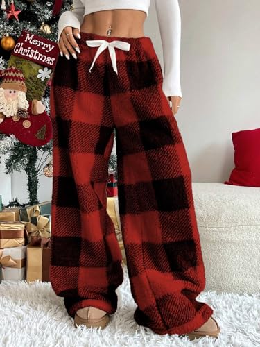 Image of ZAFUL Women's Fuzzy Plush Pajama Pants Wide Leg Pj Bottoms Lounge Pants