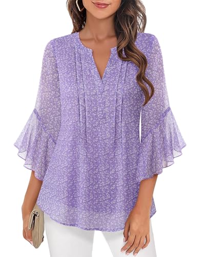 Image of Timeson Women's Short Sleeve V Neck Blouses Shirts Floral Double Layers Mesh Tunics Tops