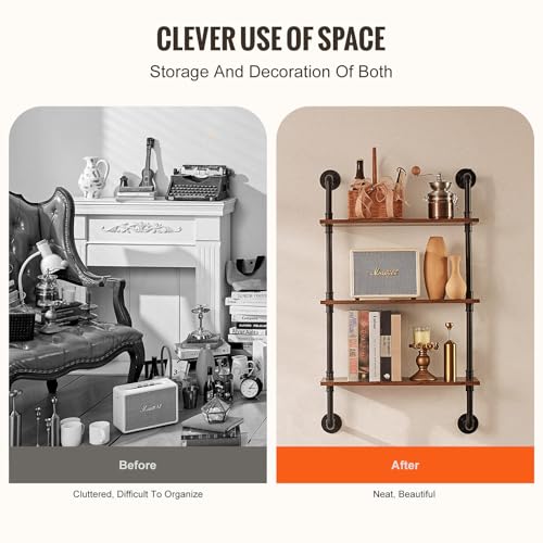 VEVOR Industrielles Rohrregal, 3 Ebenen, 61 x 20 cm, Wandmontage, schwebende rustikale Holzregale, Halterung, Ausstellungsregal, Bücherregal, Lagerregal, Kleinteilehalter