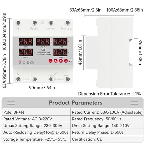 Relais de transfert ATS triphasé 3P+N inverseur source automatique réglable 63A 100A - 2