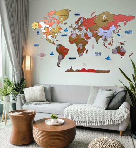 Image of ELK 3D Wooden World Map Wall Decor with Country Names , Capitals & States | Premium Multilayer Laser Cut Wall Art | Easy DIY Installation | Travel Theme Home Decor for Living Room, Office | Size : L (156x89 CM)