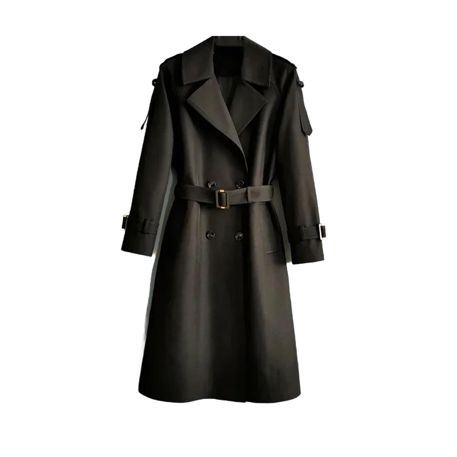 Womens Vintage Black Long Trench Coat Waterproof Overcoat Belt Loose Double Breasted Windbreaker