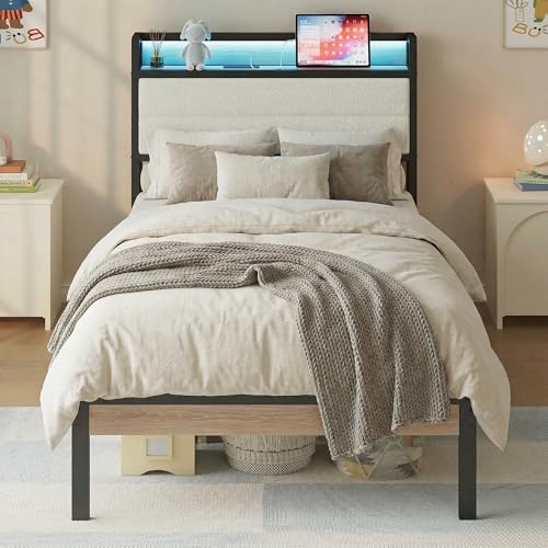Image of LIKIMIO Twin Bed Frame with Storage Headboard & LED Lights, Metal Platform Bed with Charging Station, Noise Free, No Box Spring Needed, Under Bed Storage, Natural and Cream