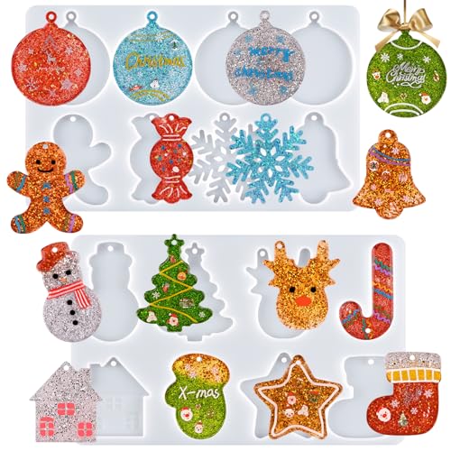 Actvty Christmas Resin Molds 2 PCS Christmas Ornaments Silicone Molds for Epoxy Resin 16 Cavities Large Pendant Molds DIY Resin Crafts Jewelry Keychain Xmas Gift Christmas Tree Decor