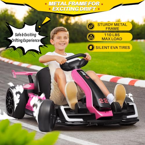 Blitzshark 24V Kids Go Kart 300W Drift Kart Powerful Electric Pedal Kart Outdoor Race Toy, with 2X150W Strong Motor, 7AH Battery, EVA Tire, Drift/Sports Mode, Brake Pedal, Length Adjustment, Rose Pink