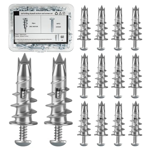 BIATOE 60 Pcs Plasterboard Fixings Metal & Self Drilling Heavy Duty Plasterboard Wall Plug Metal Wall Anchors Kit 30 Anchors + 30 Screws (60)