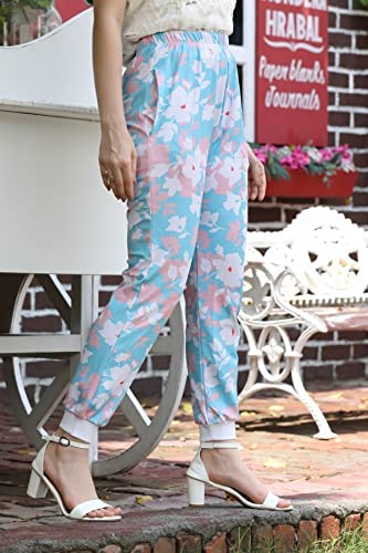 Image of Leriya Fashion Womens Wide Leg Pants Flowers Floral Print Drawstring Loose Long Trousers & Leggings