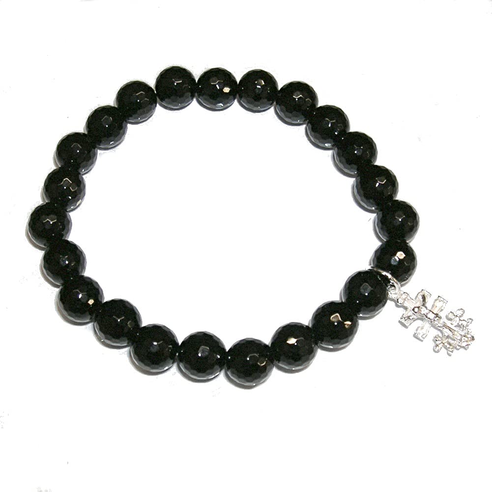 perlascarelPulsera de Ónix Negro facetado 8 mm y Colgante Cruz de Caravaca 17 mm Plata de Ley. Pulsera Ajustable. Bolsa de Tela incluida