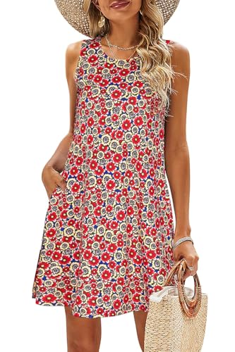 Image of SimpleFun Summer Dresses for Women Beach Floral Tshirt Sundress Casual Pockets Boho Tank Dress