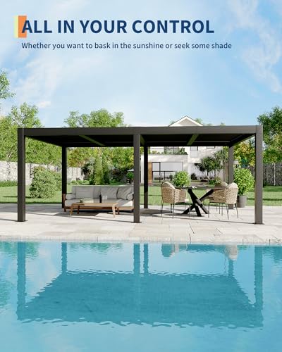 Image of Garveelife All-Aluminum Louvered Pergola 12 ft x 20 ft, Outdoor Pergola with Adjustable Louvered Roof, Reinforced Aluminum Frame, Integrated Drainage System, Hardtop Gazebo for Patio, Deck, Gray