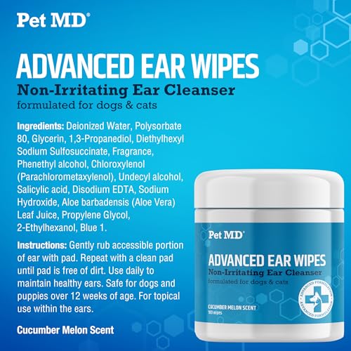 Pet MD Cat and Dog Ear Cleaner Wipes - Advanced Otic Veterinary Ear Cleaner Formula - Dog Ear Infection Treatment - 100 Count