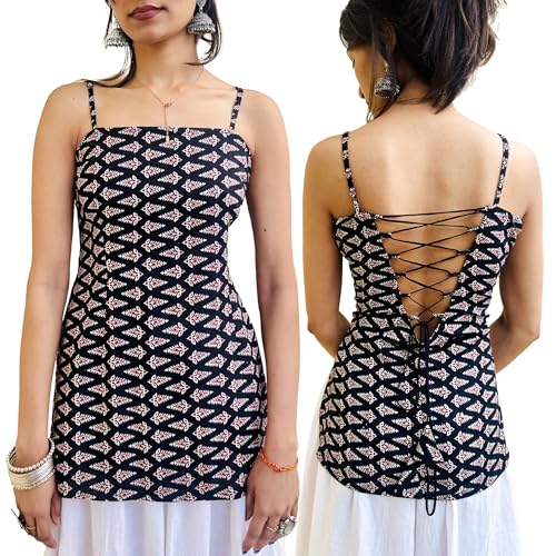 Image of backless kurtis for women | Pure Cotton sleeveless short kurti for women stylish | Stylish Square Neck & Back Design kurti Indo-Western Ethnic Kurti Top | with adjustable back strings for custom fit