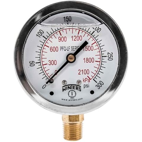 Winters 2-1/2" Dial Size, Liquid Filled Pressure Gauge, Potable Brass Internals, 304 Stainless Steel Case, Dual Scale 0-300 psi/kPa, 1.5% Acc, 1/4" NPT Bottom Mount, Drinking Water Pressure Gauge Cover