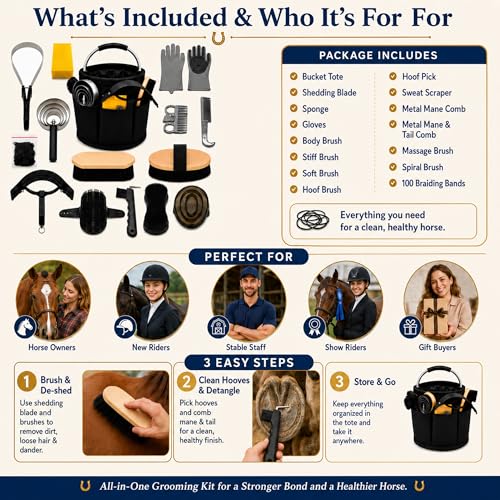 Horse Grooming Kit, 15-Piece Horse Brush Set with Tote Bag, Long Shedding Blade, Hoof Pick, Curry Comb, Sweat Scraper, Mane and Tail Comb, Gloves, Equine Grooming Supplies, Black - Image 7
