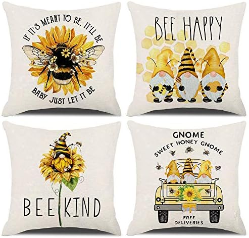 KACOPOL Summer Decorations Pillow Covers Set of 4 18x18 Bee Striped Gnome Bee Kind Happy Sweet Holiday Decorations Throw Pillow Case Cushion Cover for Spring Summer Home Decor (Yellow-Honey & Gnome)
