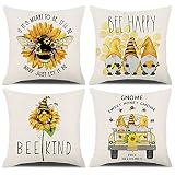 KACOPOL Summer Decorations Pillow Covers Set of 4 18x18 Bee Striped Gnome Bee Kind Happy Sweet Holid