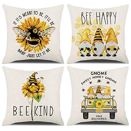 Kacopol Summer Decorations Pillow Covers Set Of 4 18X18 Bee Striped Gnome Bee Kind Happy Sweet Holiday Decorations Throw Pillow Case Cushion Cover For Spring Summer Home Decor (Yellow-Honey & Gnome) #TOP4