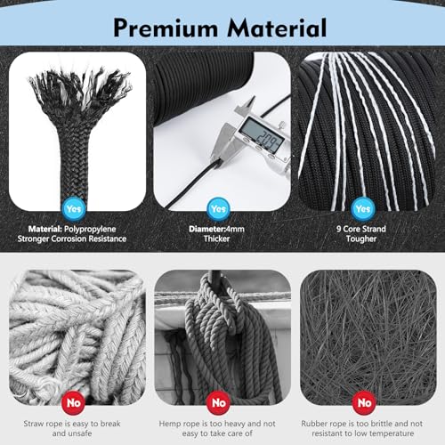 Romon Paracord 4mm, 100M Paracord Schnüre Seil 9 Kern-Strängen Paracord Bänder, Schnur Reissfest Seil Sonnensegel, Nylon Paracord Survival Paracord Reepschnur für Outdoor Survival Camping, Schwarz
