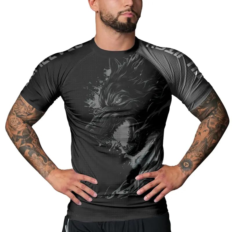 Wolf Men's Compression Shirt Short Sleeve, MMA BJJ Rash Guard Shirt Grappling Jiu Jitsu Training4
