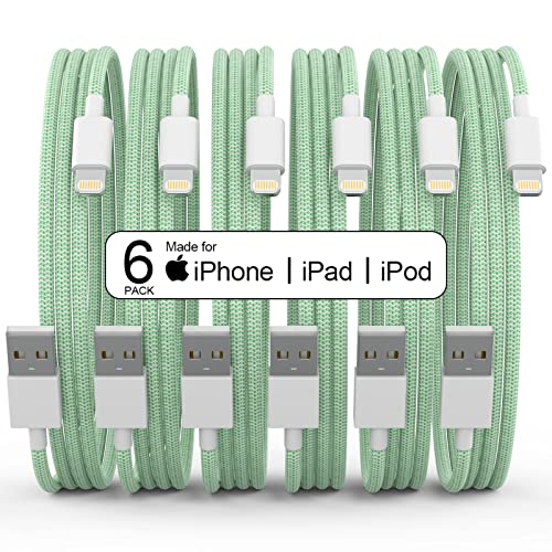 [Apple MFi Certified] 6pack[3/3/6/6/6/10FT] iPhone Charger Nylon Braided USB Lightning Cable Fast Charging iPhone Cord Compatible iPhone 13/12/11 Pro Max/XS MAX/XR/XS/X/8/7/Plus/6S-white&Green