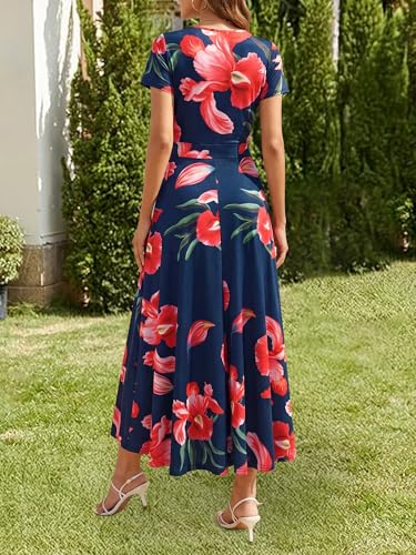Image of HUHOT Women's Short Sleeve Wrap V Neck Dresses for Wedding Guest Summer Floral Maxi Sundresses with Pockets Boho Dress