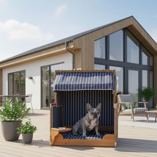 MR. DEKO Hundestrandkorb Wacholder | Outdoorkörbchen Blau | Hundehütte mit Dach | Katzenbett Sonnenschutz | Wassernapf schwenkbar | Strandkorb für Hunde