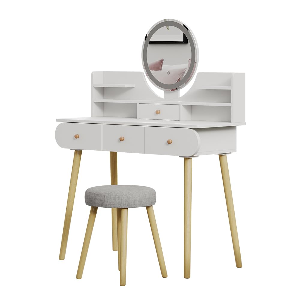 Vicco Toaletka "Edda", Biały, 100 cm | z lustrem LED i stołkiem, avec miroir LED rond et tabouret assorti