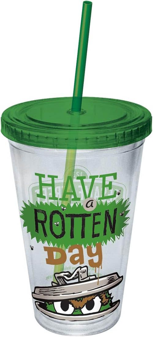 ICUP Oscar Have a Rotten Day Green Lid Plastic Cup with Straw, 16-Ounce, Clear