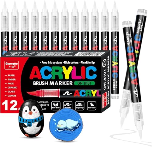 Surcotto 12 PCS White Acrylic Paint Markers Water-Based Acrylic Soft Brush Tip Acrylic Paint Pens for Arts & Crafts Kids Activity School Classroom;Works on Paper Metal Wood Ceramic Glass Rock Canvas