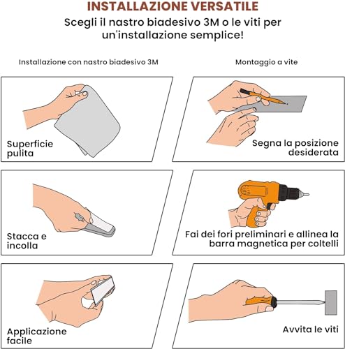 Exitoso Coltello a Striscia Magnetica in Acciaio Inox Autoadesivo - Incollaggio e Foratura Con Nastro Adesivo 3M - Portacoltello Magnetico Striscia per Coltello - immagine 5